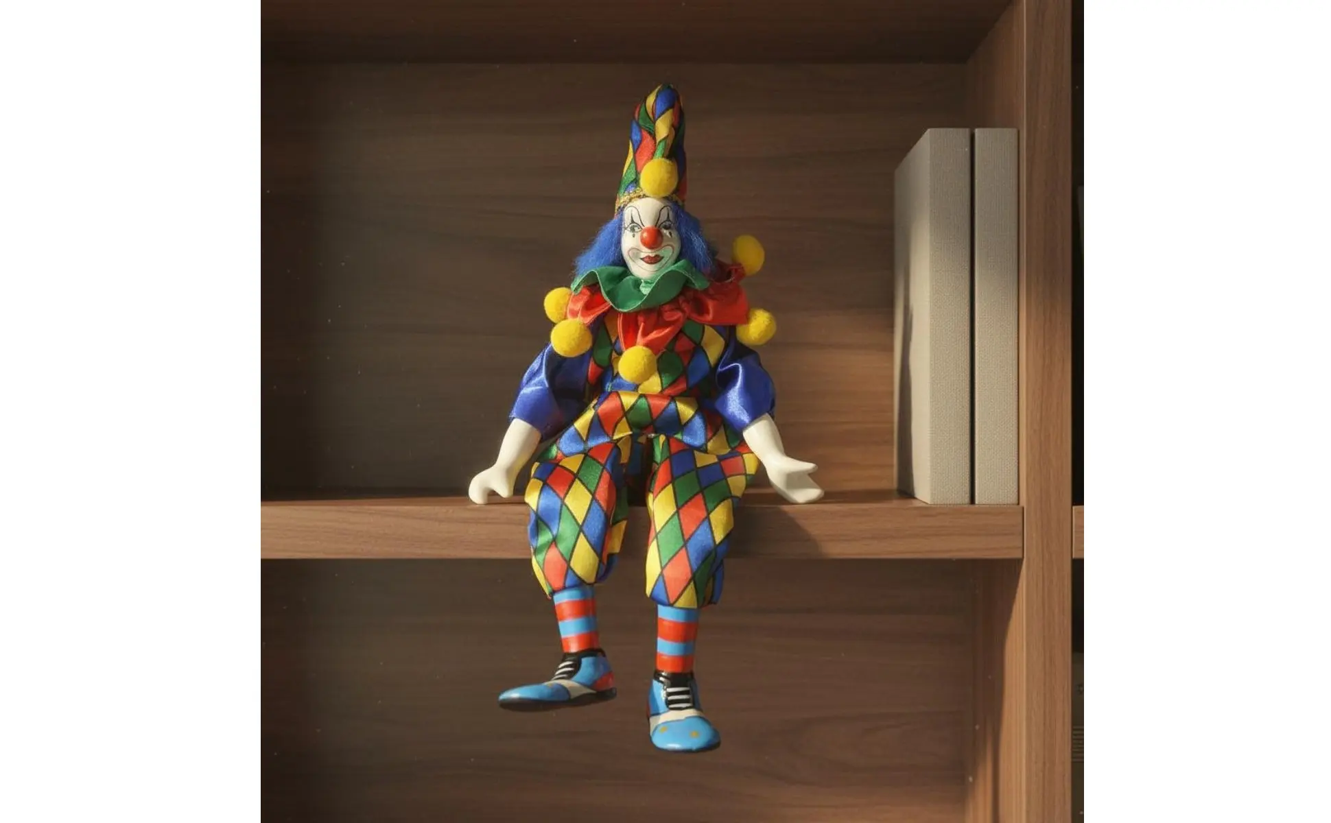 Vista frontal de la figura de payaso de cerámica para estante