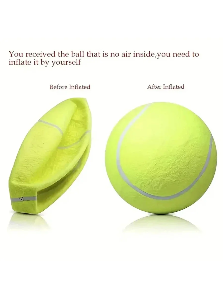 Vista detallada de la pelota de tenis inflable para mascotas