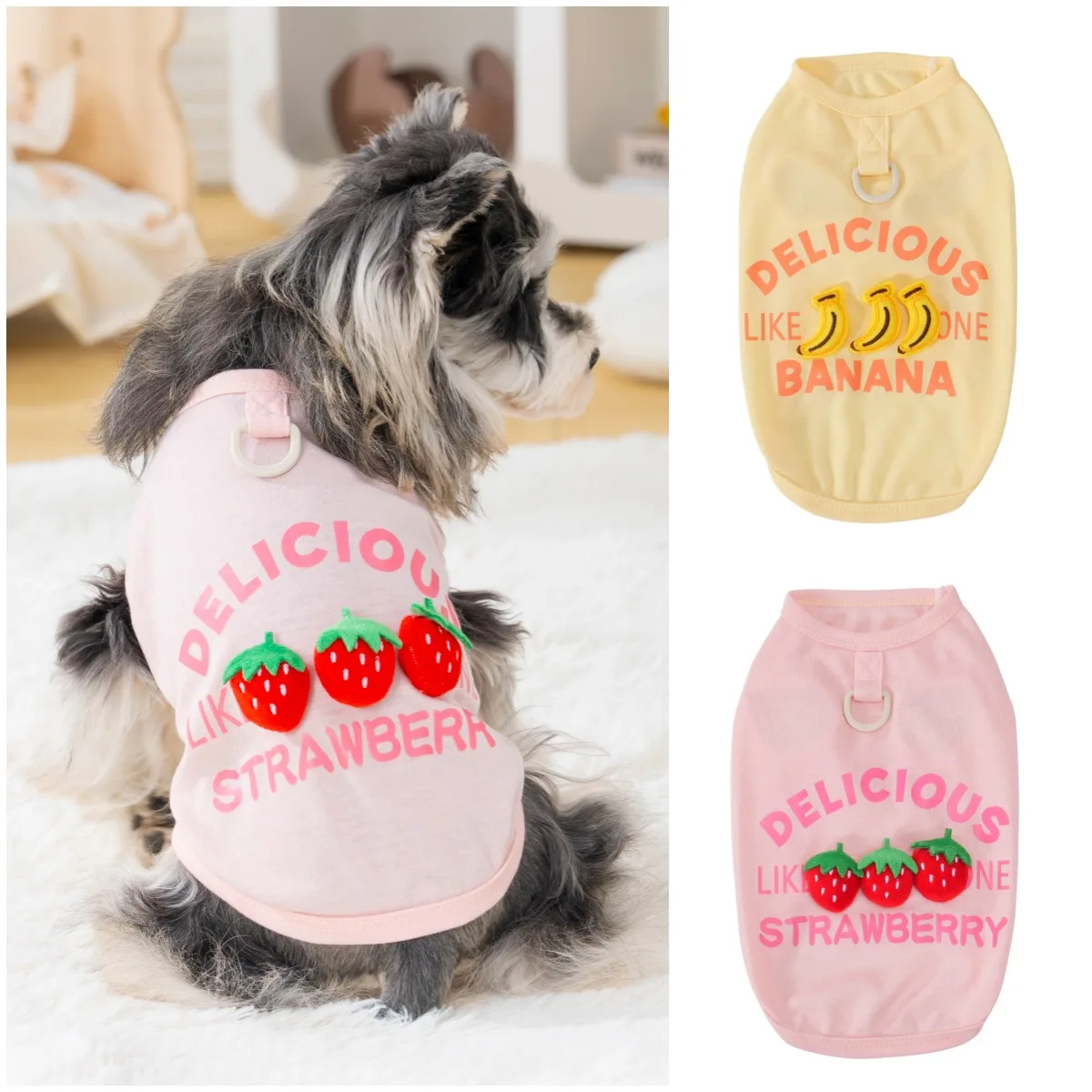 Perro con camiseta de frutas