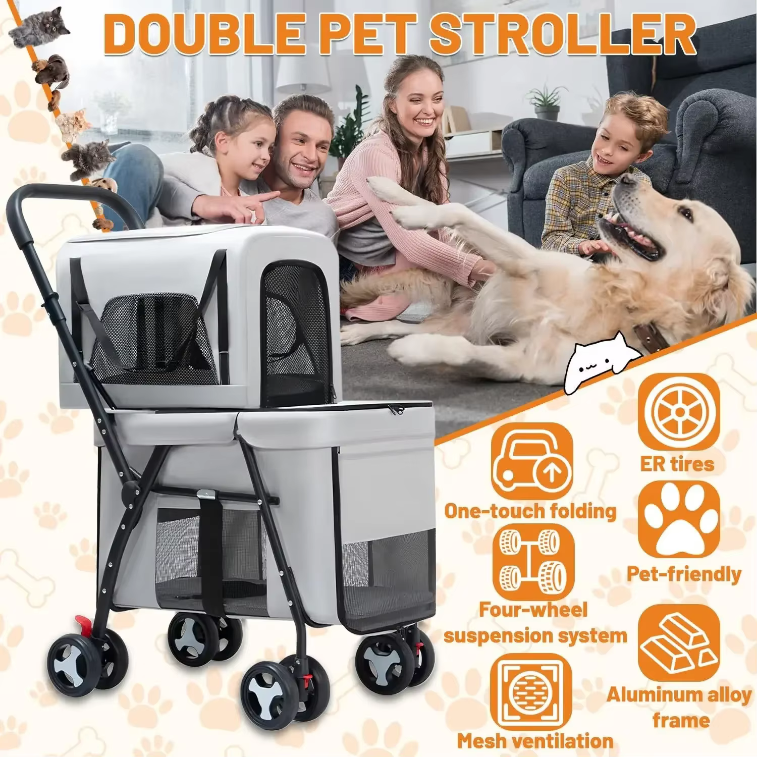 Carrito doble para perros pequeños y gatos – Plegable con transportador - imagen 2