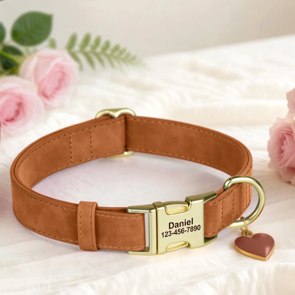 Collar personalizado de cuero PU con etiqueta de corazón para perros – Correas duraderas