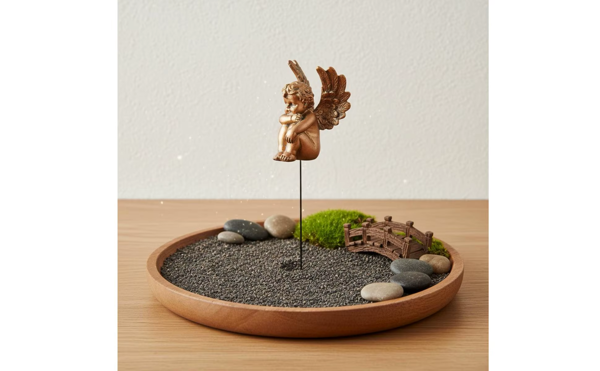 Querubín decorativo en un arreglo de suculentas de interior