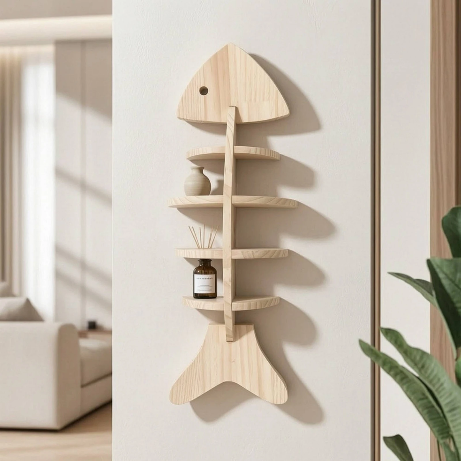 Estante pared gato forma espina pescado madera maciza - imagen 5