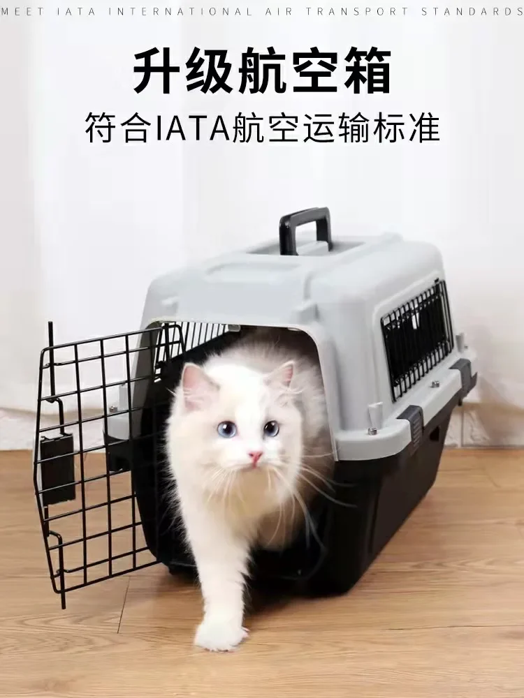 Vista frontal de la caja de aire para mascotas mostrando la puerta con cierre y la ventilación en malla