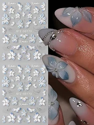 Pegatinas para uñas 3D estilo francés con flor azul y blanca