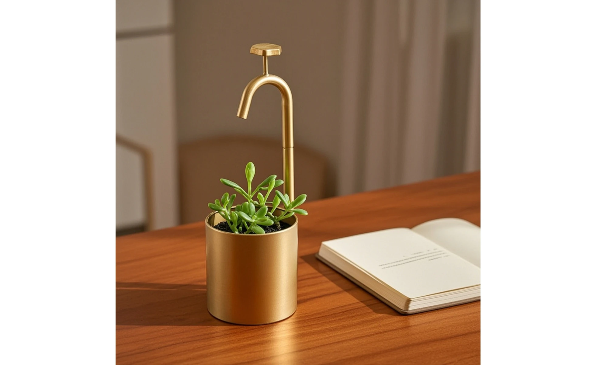 Maceta decorativa metálica en espacio de jardín interior