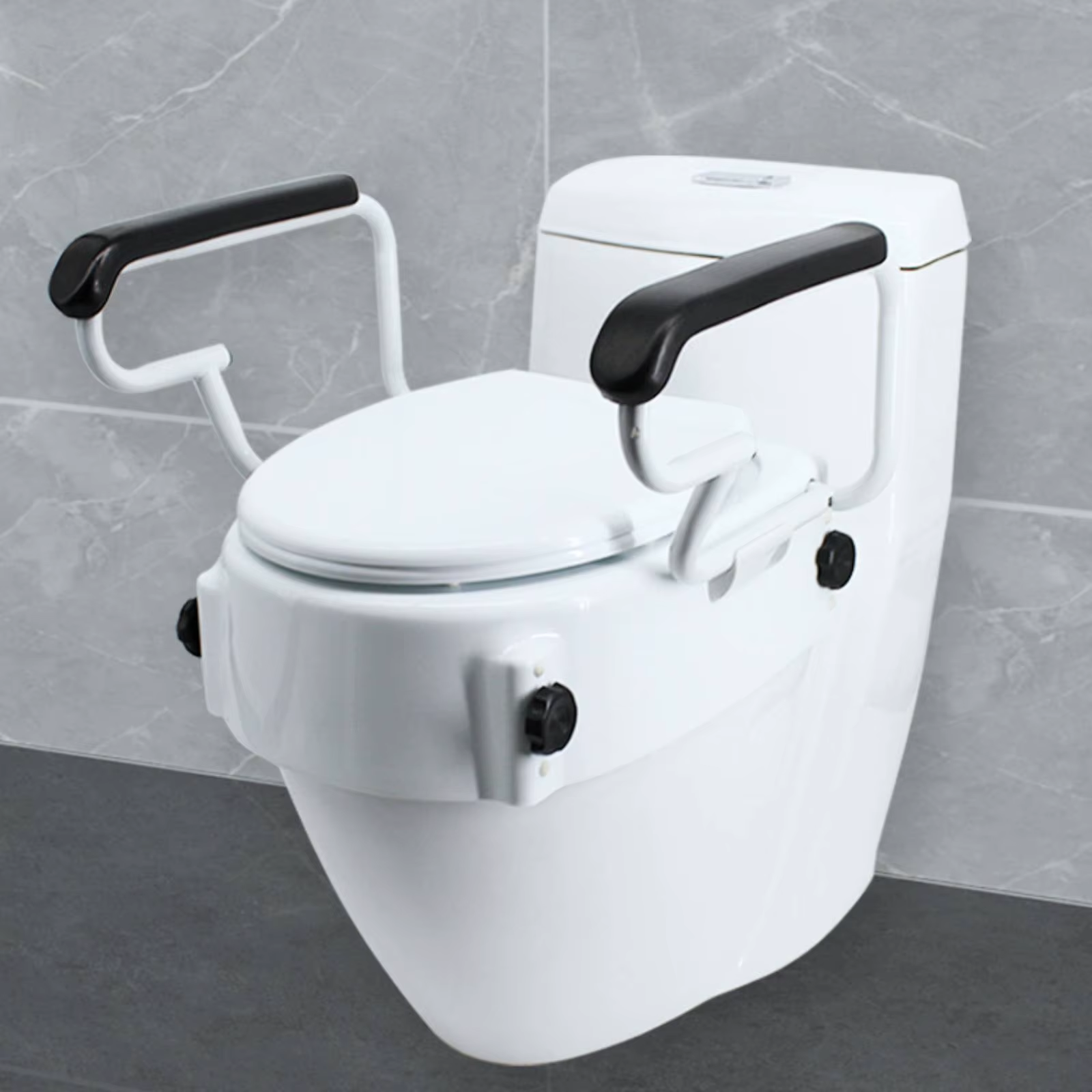 Asiento elevador para inodoro con reposabrazos abatible y acolchado