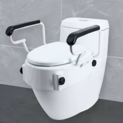 Asiento elevador para inodoro con reposabrazos abatible y acolchado