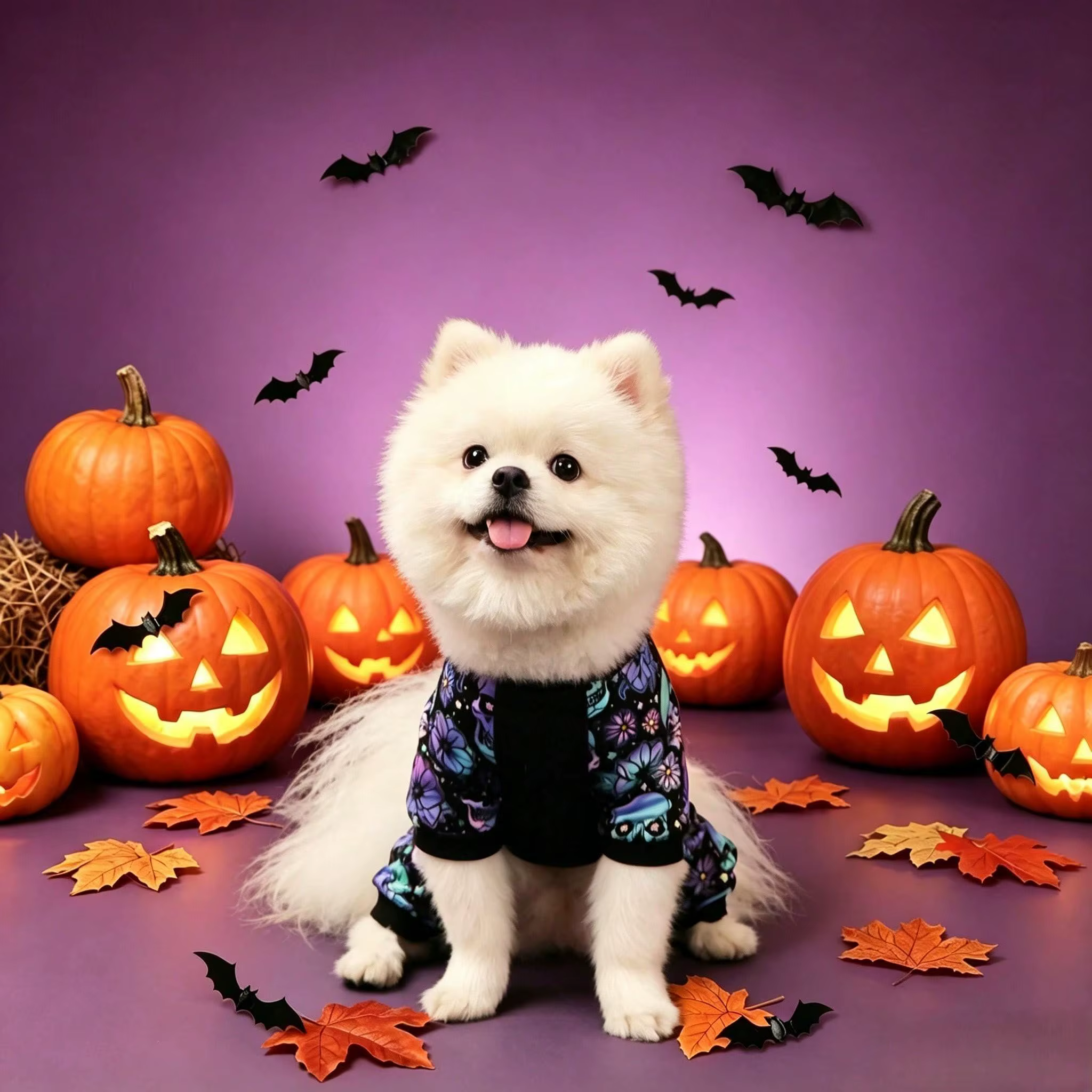 Perro usando el pijama de Halloween con calavera y flores