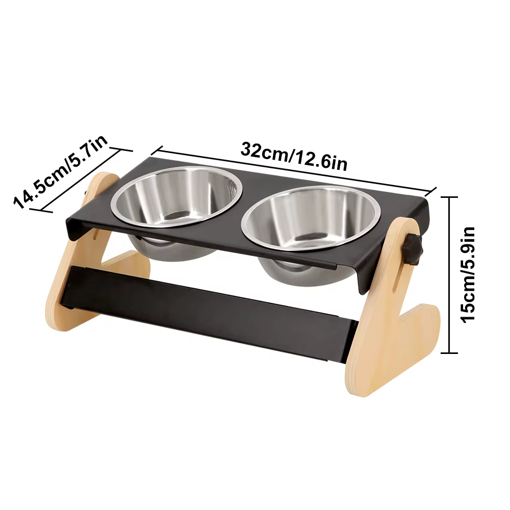 Comedero elevado doble para gatos y cachorros, madera ajustable