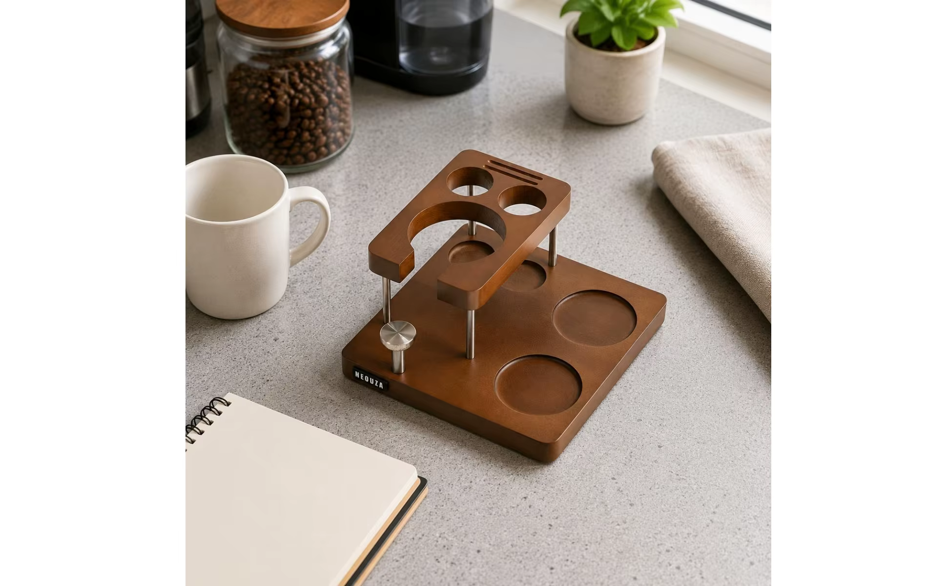 Soporte compacto de madera para herramientas de espresso