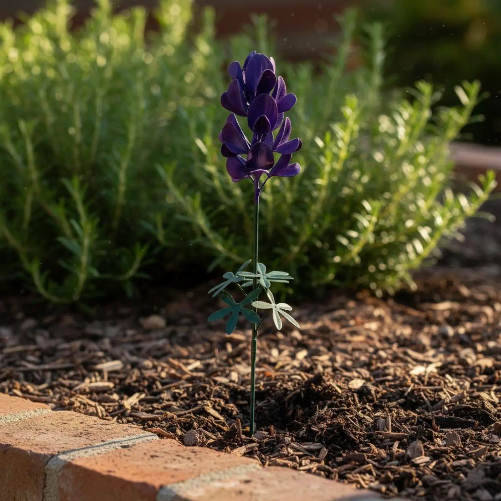 Flor de lavanda metálica girando con brisa suave