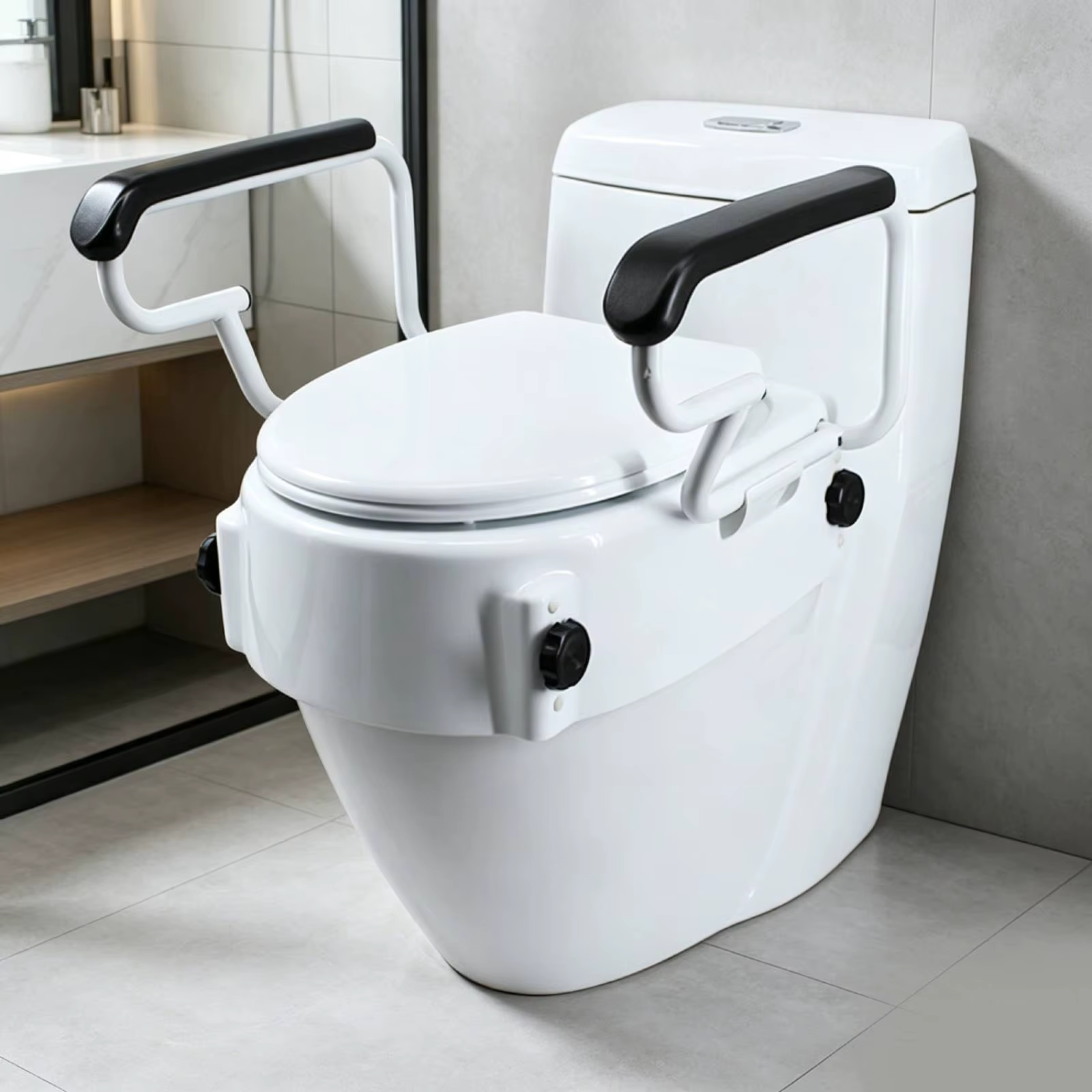 Asiento elevador para inodoro con reposabrazos abatible y acolchado - imagen 3