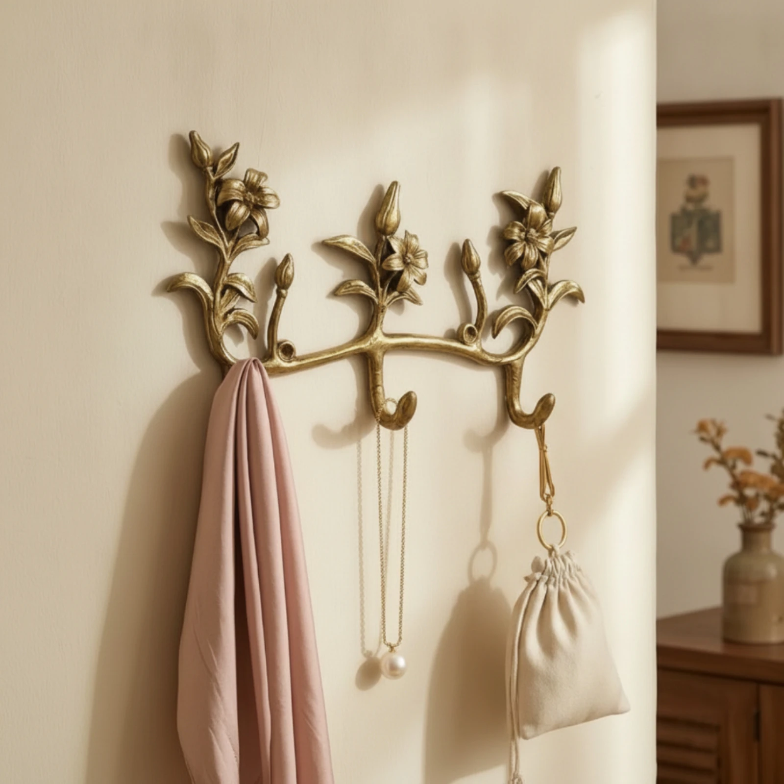 Perchero floral dorado para correas y collares de perro - imagen 3