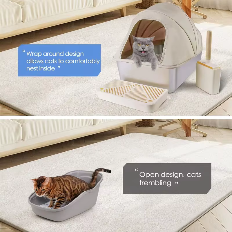 Caja de arena para gatos con acero inoxidable y toldo impermeable