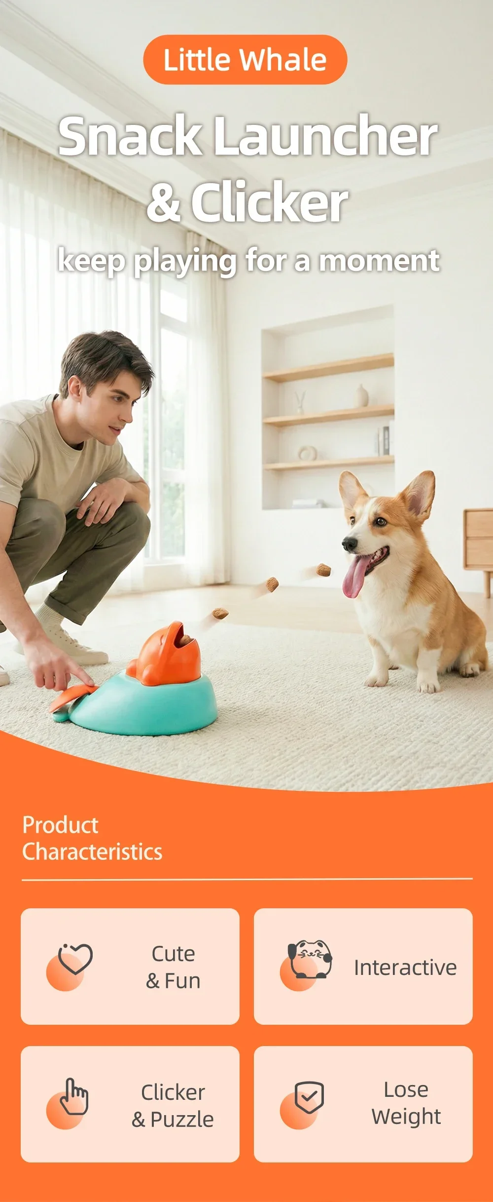 Juguete interactivo Holapet diseño ballena turquesa y naranja