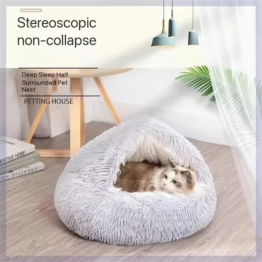 Cama nido de felpa para gatos y perros pequeños, cálida y semiabierta - imagen 3