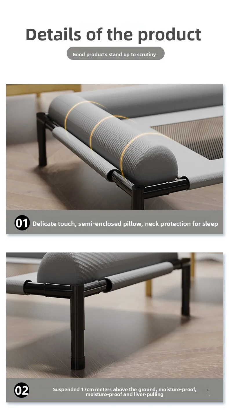 Cama elevada para mascotas en patio exterior