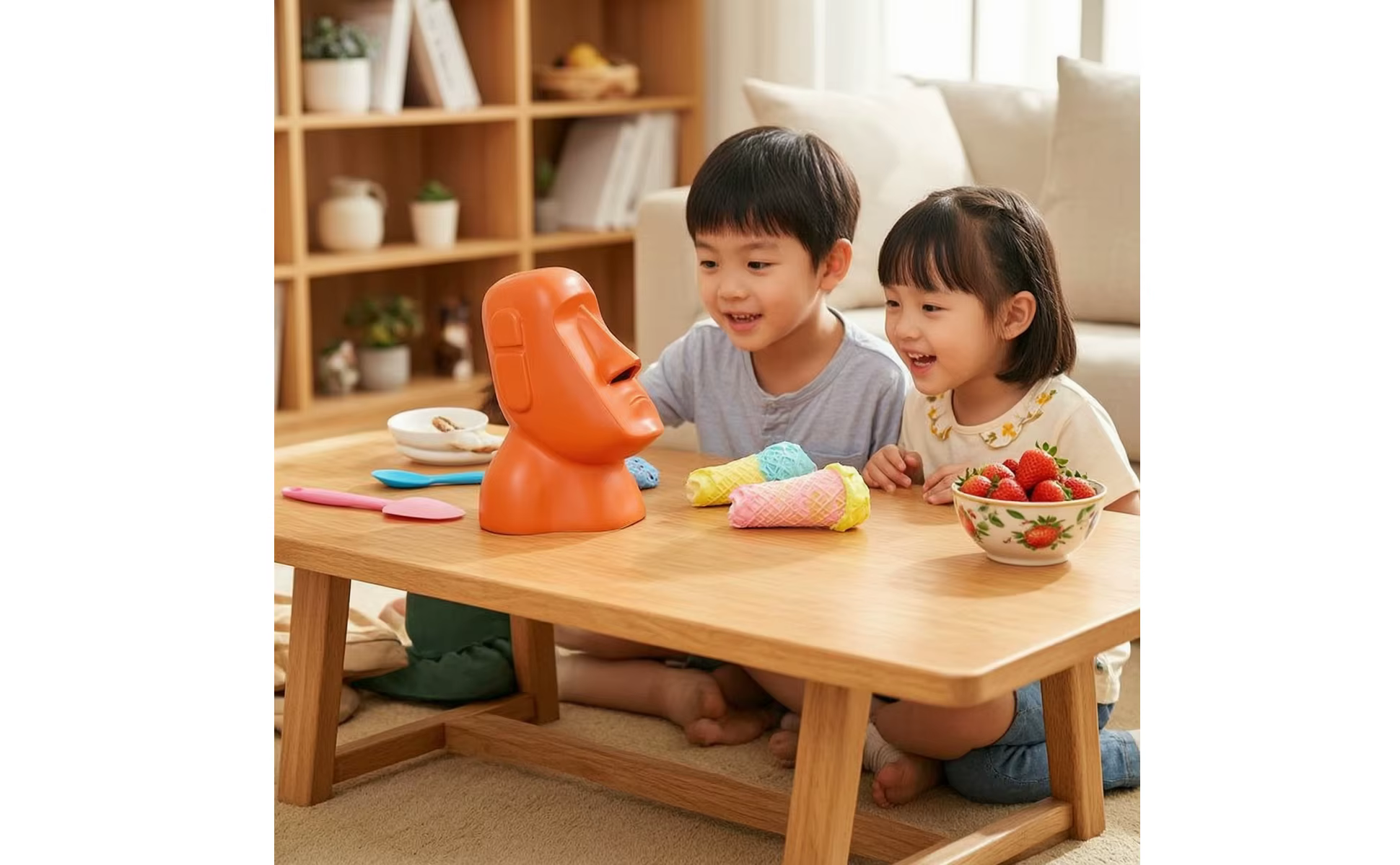 Porta pañuelos Moai sobre una mesa en sala de estar