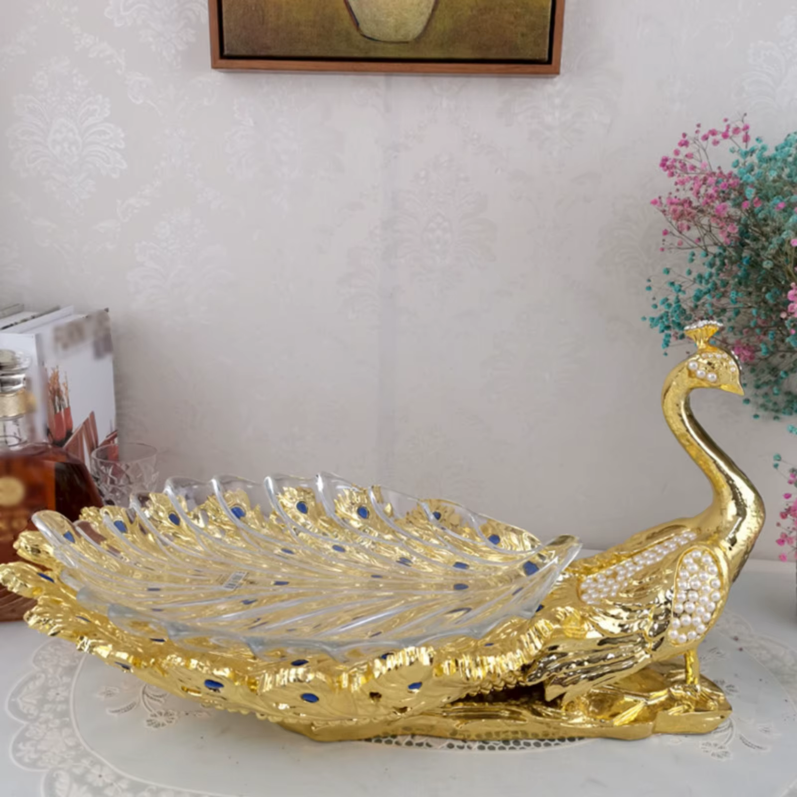 Comedero decorativo de pavo real dorado para gatos y perros - imagen 4