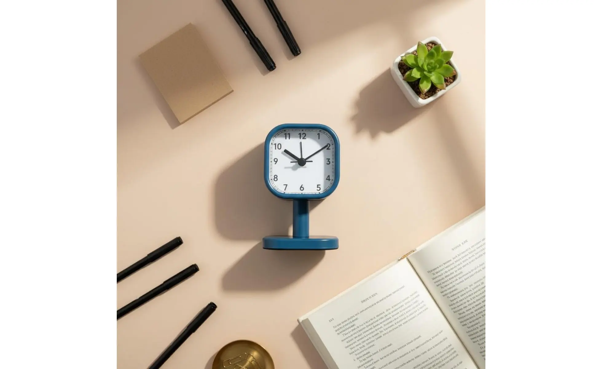 Reloj corto sobre un escritorio con laptop y cuadernos