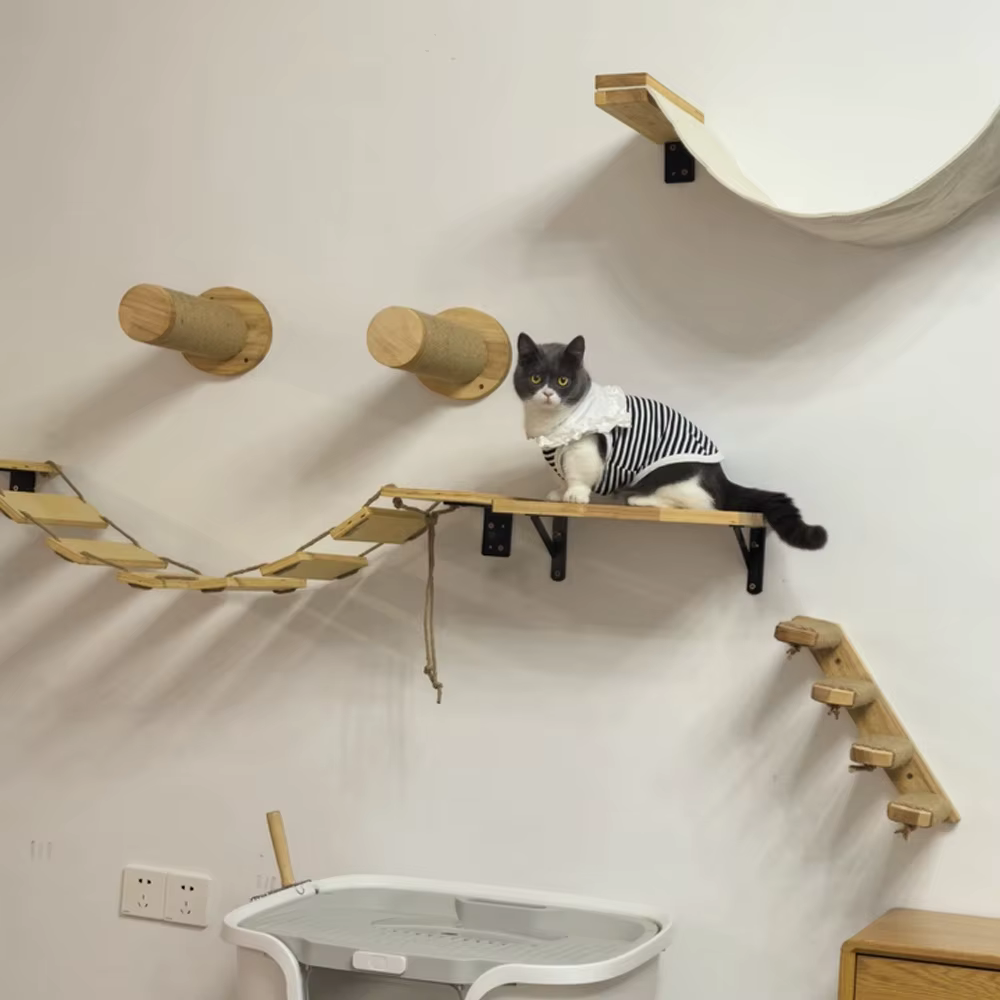 Rascador mural para gatos con plataformas de madera y poste de sisal - imagen 3