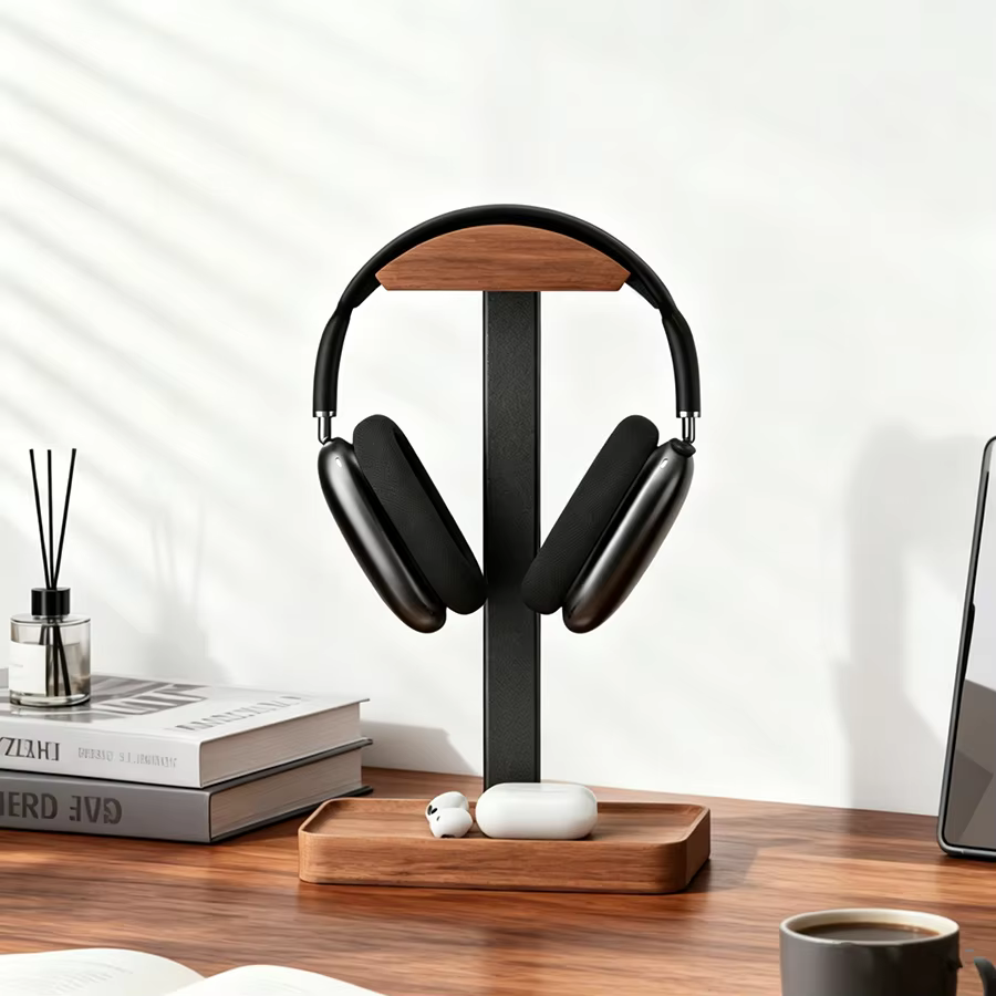 Soporte de auriculares de madera maciza nogal negro con base de aluminio - imagen 4