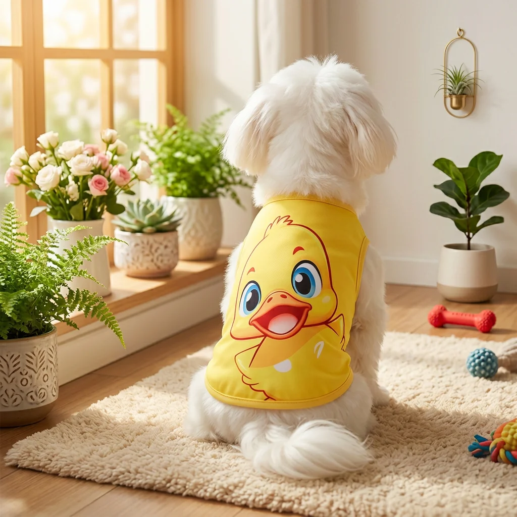 Chaleco de pato amarillo para perro visto de perfil