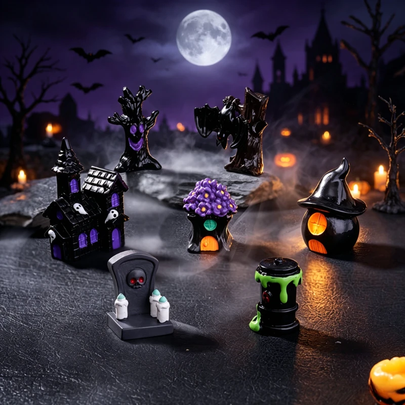 Figuras de Halloween en contexto decorativo sobre superficie rústica con iluminación tenue