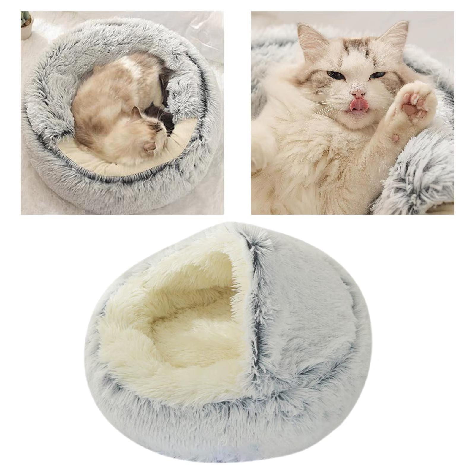 Cama tipo donut gris con textura de felpa