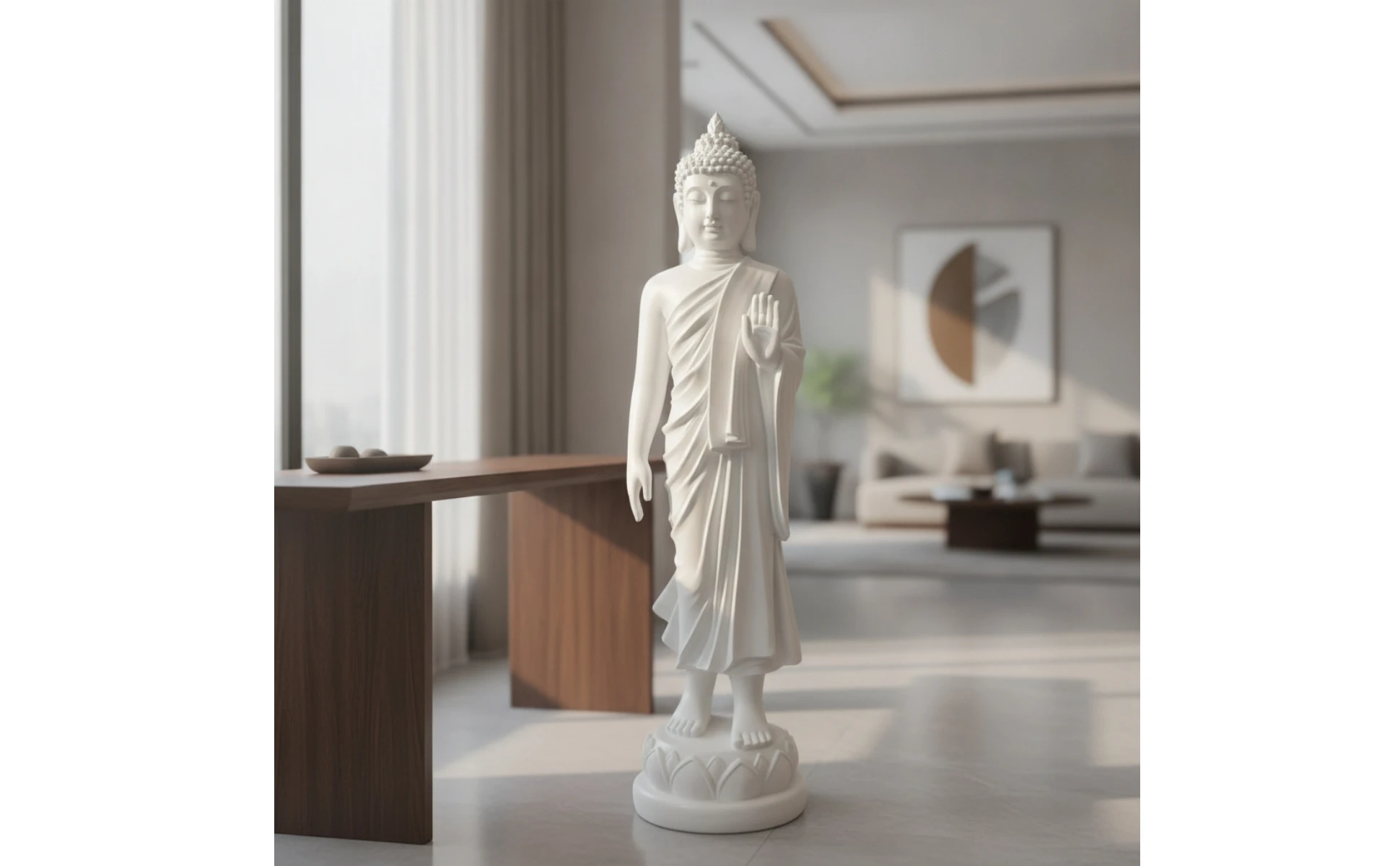 Estatua de Buda de pie en resina blanca