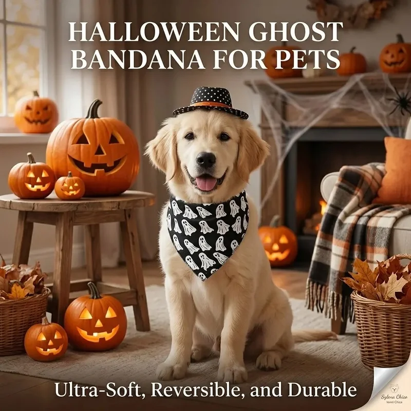 Pañuelo triangular para perro y gato – Estampado fantasma Halloween - imagen 3