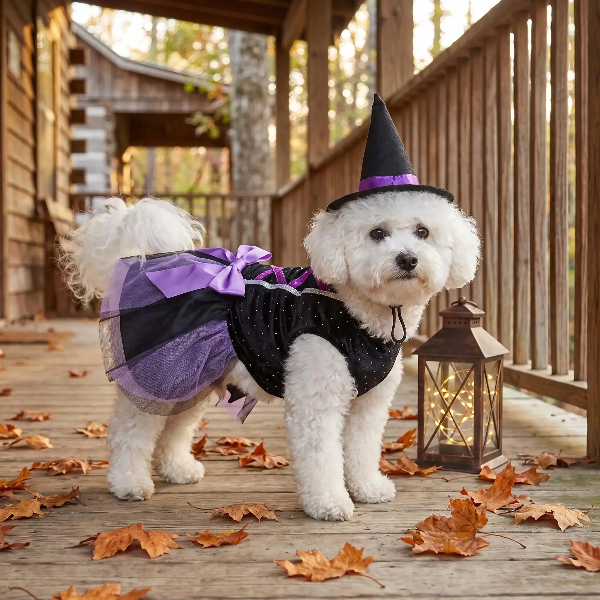 Sombrero de bruja para mascota con cinta morada