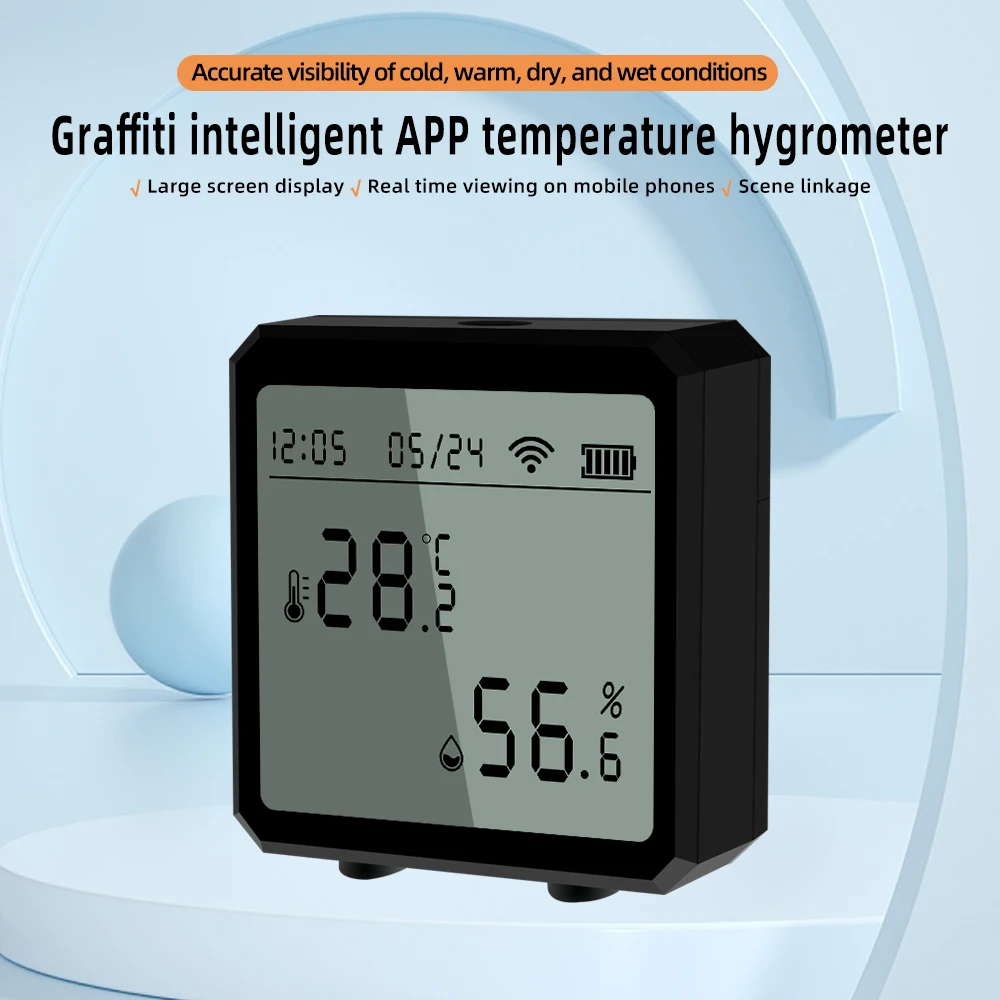 Termómetro WiFi mostrando temperatura y humedad en pantalla LCD