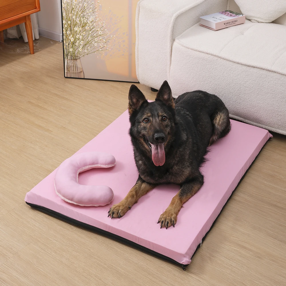 Vista lateral de la cama para perros con almohada