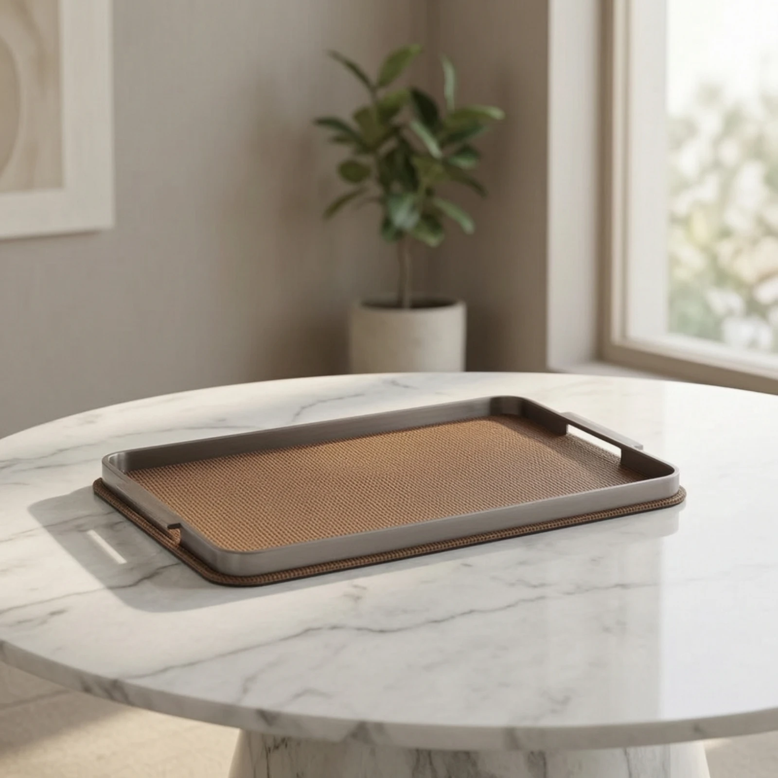 Bandeja Elegante de Acero Inoxidable – Textura Crin de Caballo, Delgada para Mesa y Baño