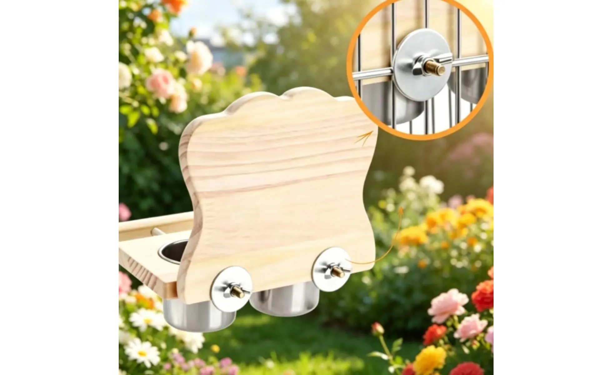 Accesorio para jaula con comedero de madera natural y espejo
