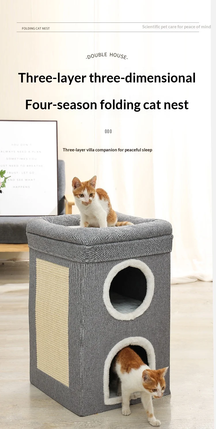Casa para gatos plegable de 3 niveles con rascador