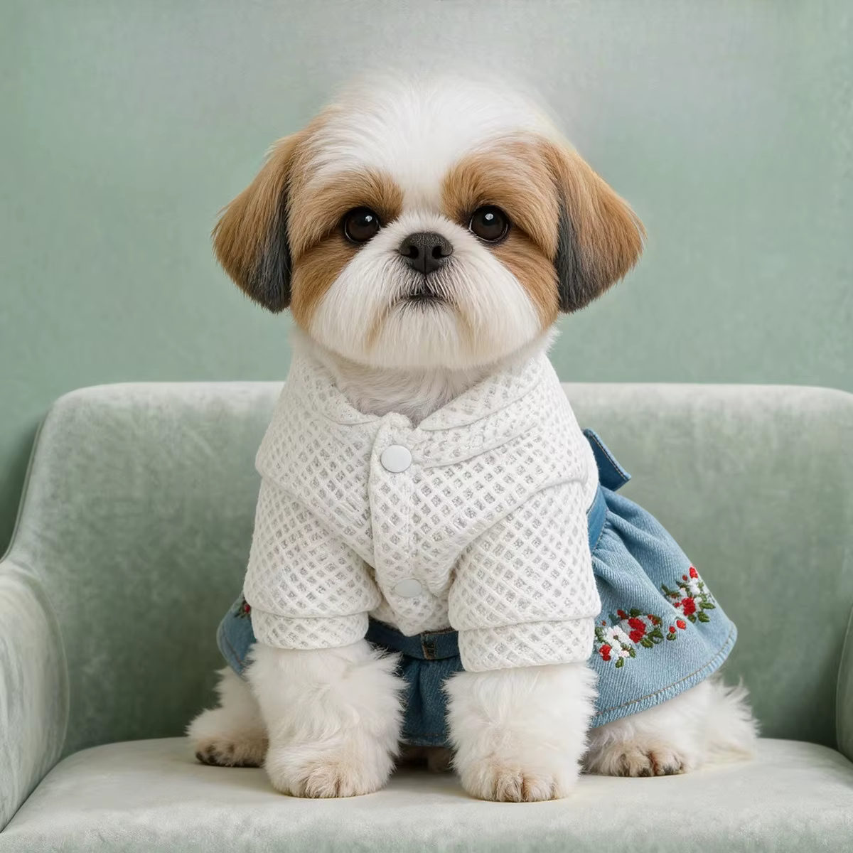 Vestido Vaquero Bordado para Perro Pequeño con Lazo y Flores