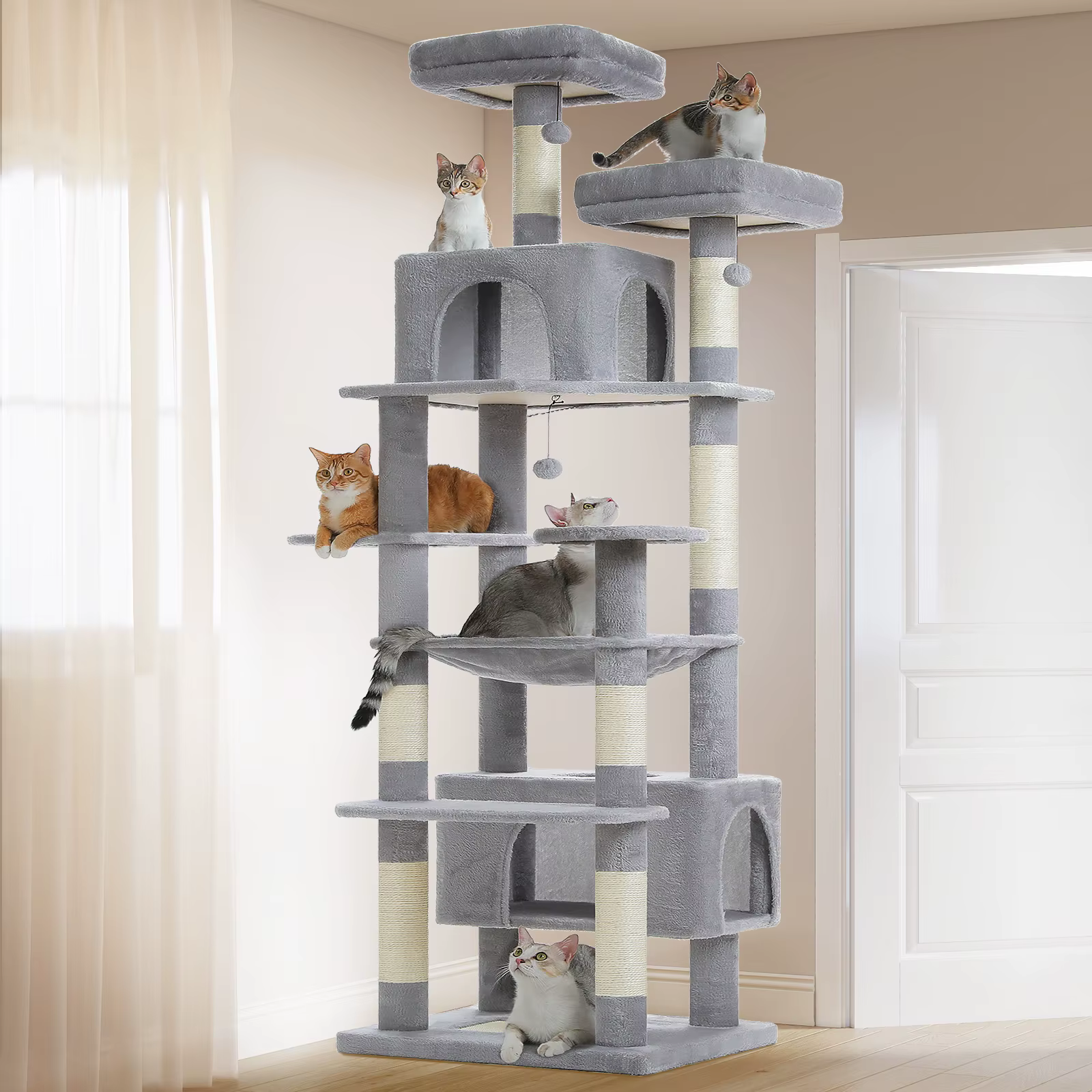 Árbol para gatos grandes 205 cm: doble condominio, hamaca XL y rascadores - imagen 4