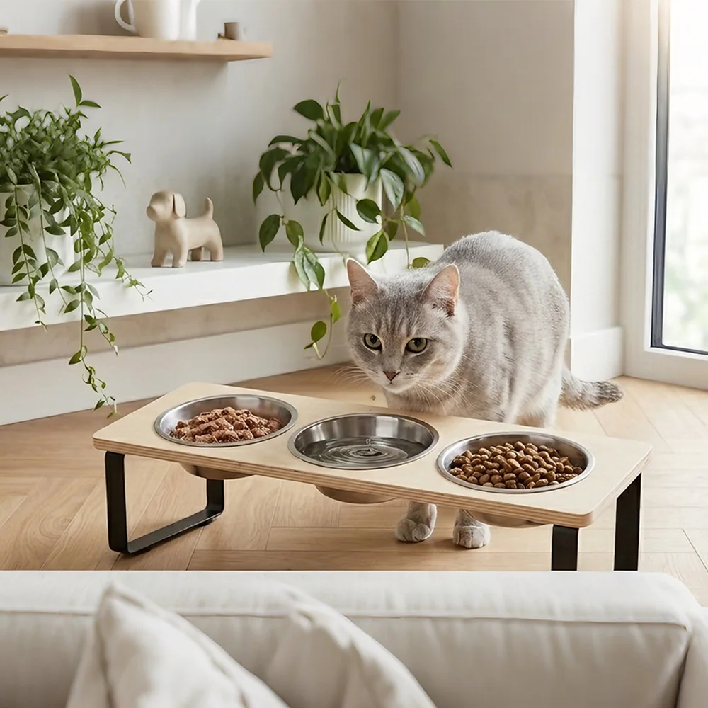 Comedero elevado de madera para gatos y perros pequeños con cuencos - imagen 2
