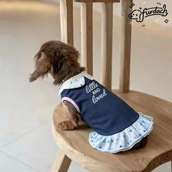 Vestido de algodón para perro salchicha con cuello y falda azul