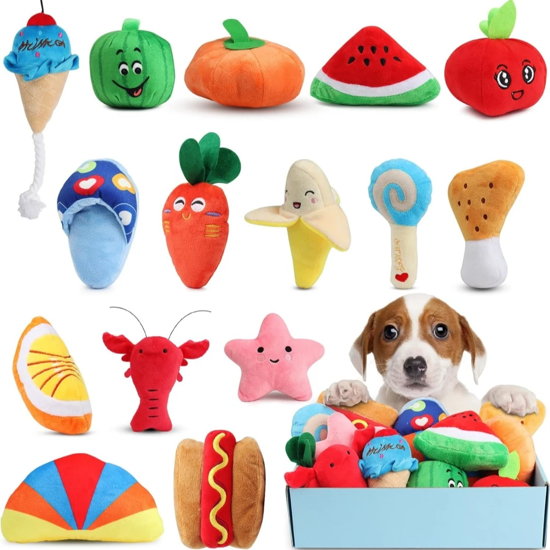 Juego completo de 15 juguetes para cachorros con peluche chirriante