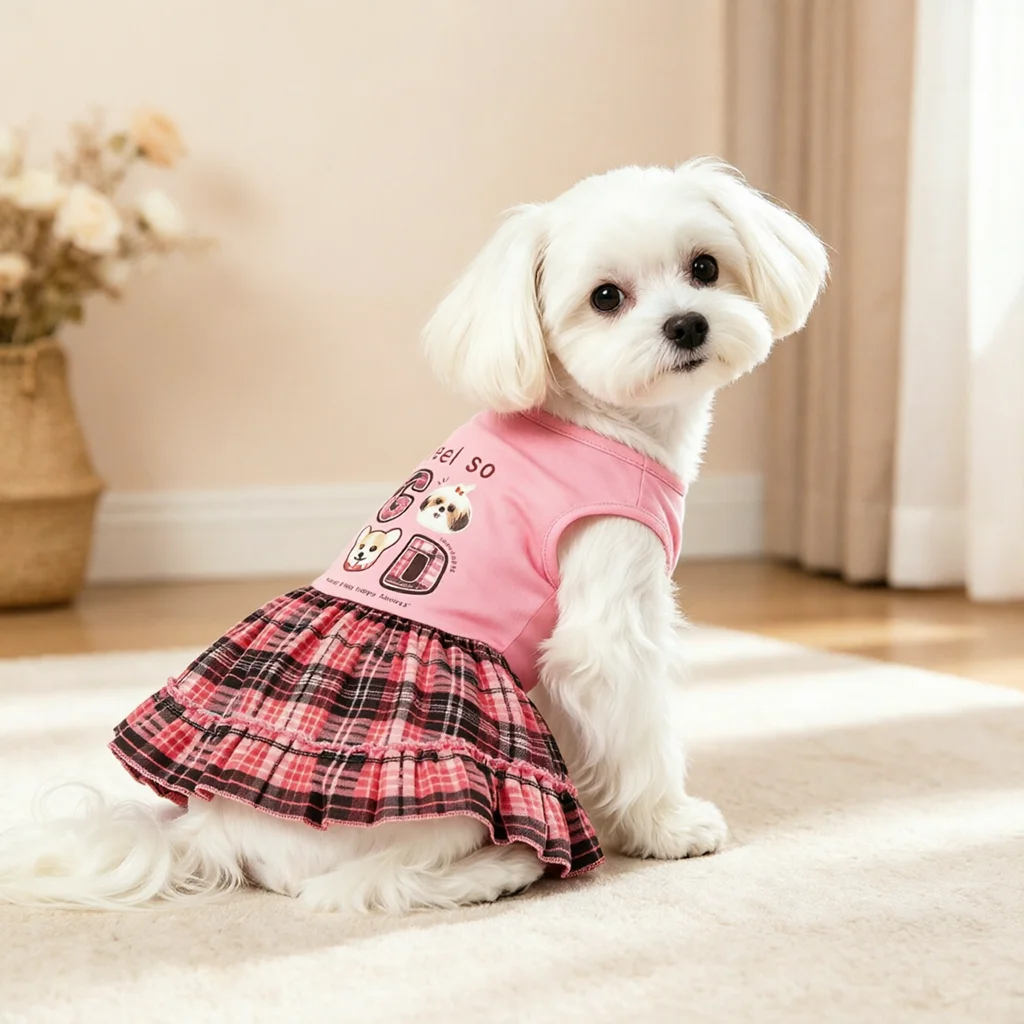 Vestido rosa con falda a cuadros para perros y gatos