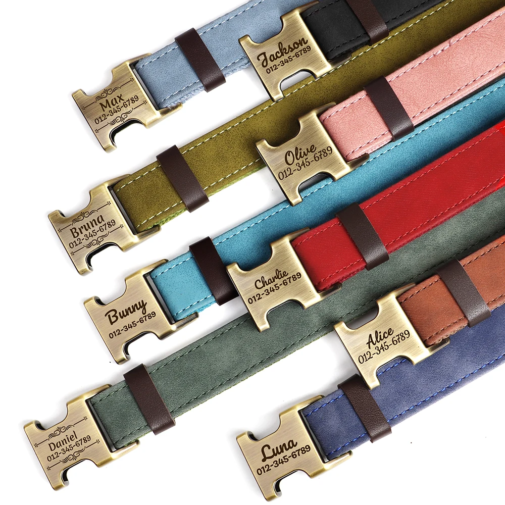 Collar de cuero PU personalizado con nombre y teléfono para perro