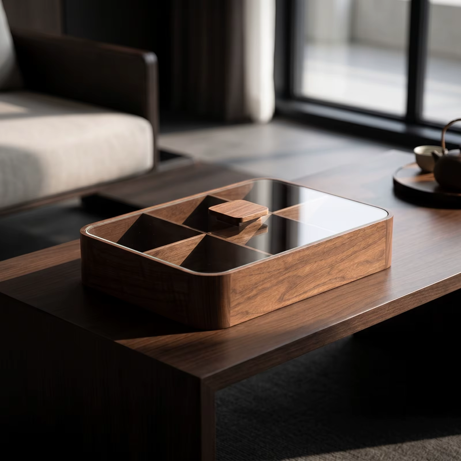 Caja de té con tapa de cristal y madera – Organizador de bolsitas - imagen 2