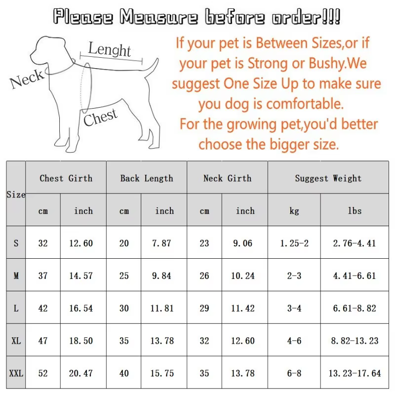 Tabla de tallas de camiseta para perro con medidas S M L XL XXL