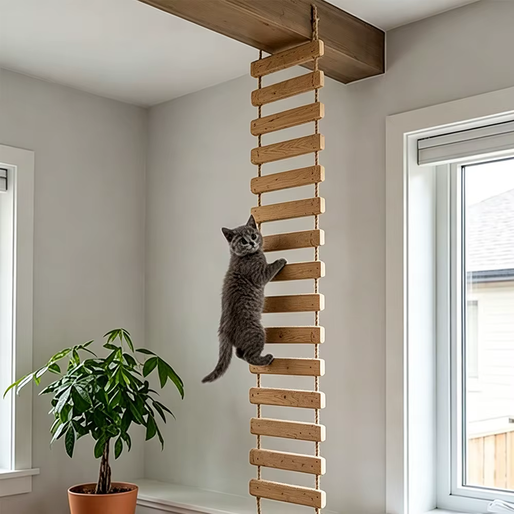 Puente y escalera de sisal para gatos, pared de madera natural - imagen 5