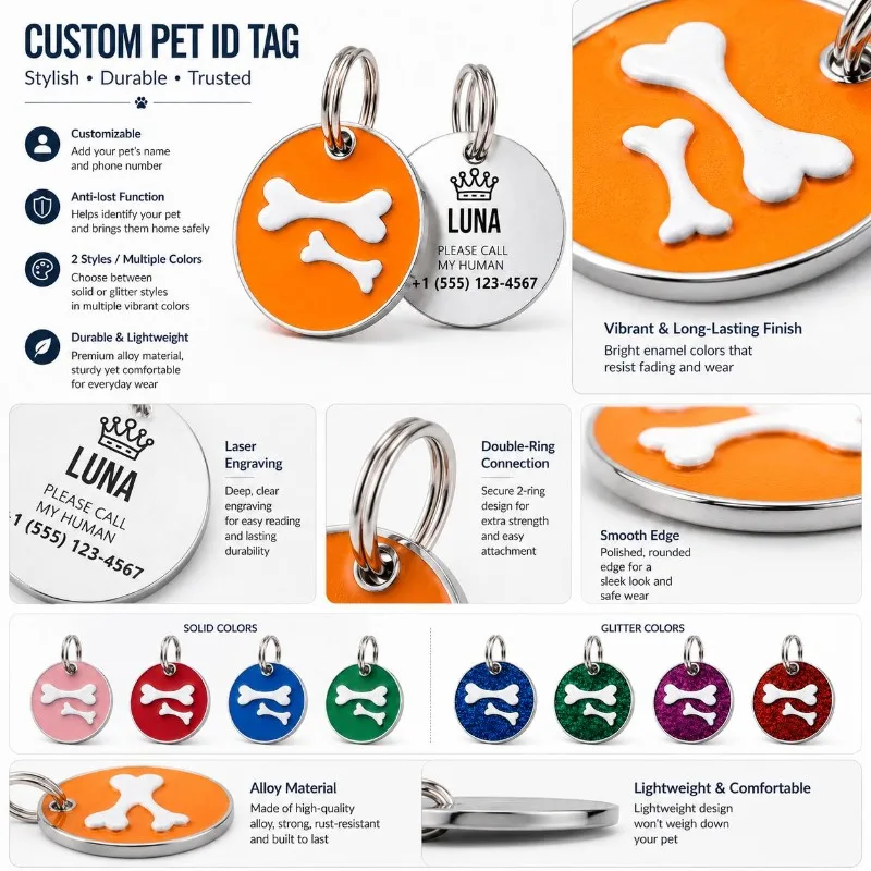 Placa de identificación grabada para perros y gatos con nombre