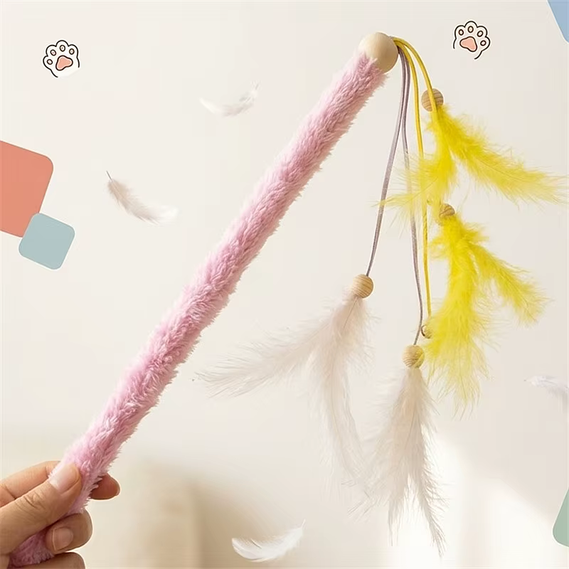Caña con plumas y borlas para gatos – mango de felpa